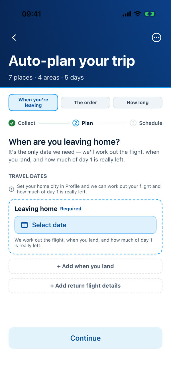 Step one: When are you leaving home, with a Select date button, Add when you land and Add return flight details