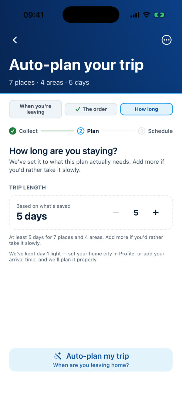 Step three: How long are you staying, a trip length stepper set to 5 days, and the Auto-plan my trip button