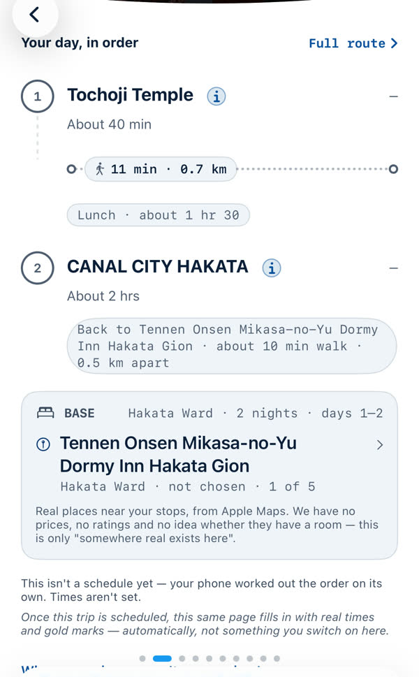 A day screen: Tochoji Temple about 40 min, an 11 minute 0.7 km walk, Lunch about 1 hr 30, a second stop about 2 hours, the way back to the hotel, and the Base card