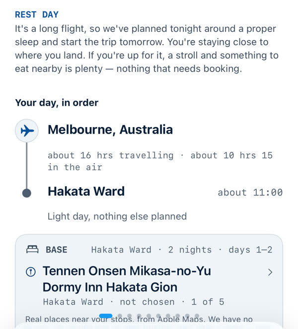 A travel day: a rest day note, the journey from Melbourne by air, and a Base card for the first hotel