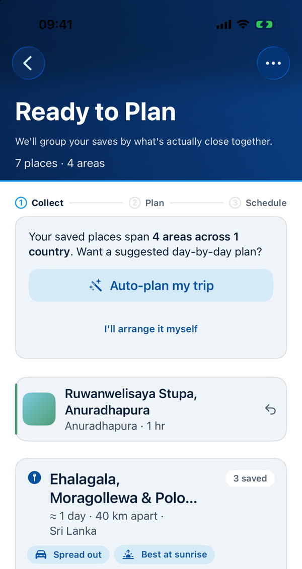 A draft trip titled Ready to Plan: 7 places, 4 areas, the Collect Plan Schedule steps, and an Auto-plan my trip button