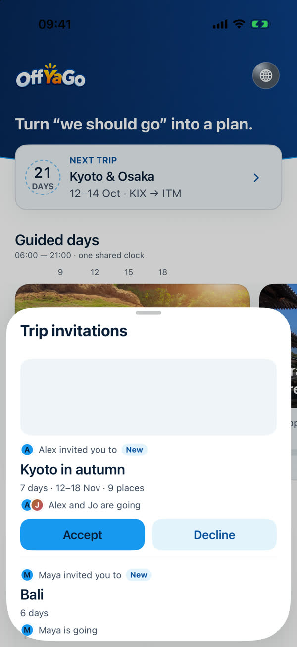 The Trip invitations sheet: Alex invited you to Kyoto in autumn, with Accept and Decline