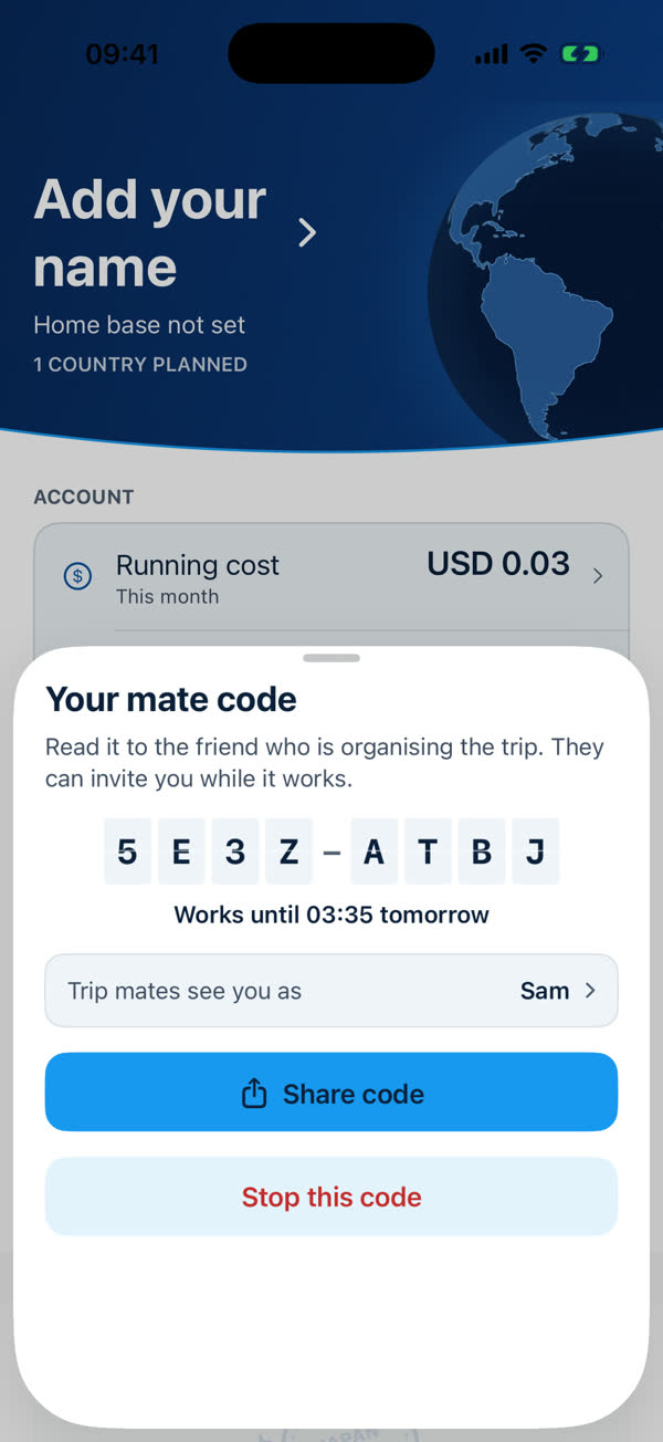 Your mate code sheet: an eight character code, Works until tomorrow, Trip mates see you as, Share code and Stop this code