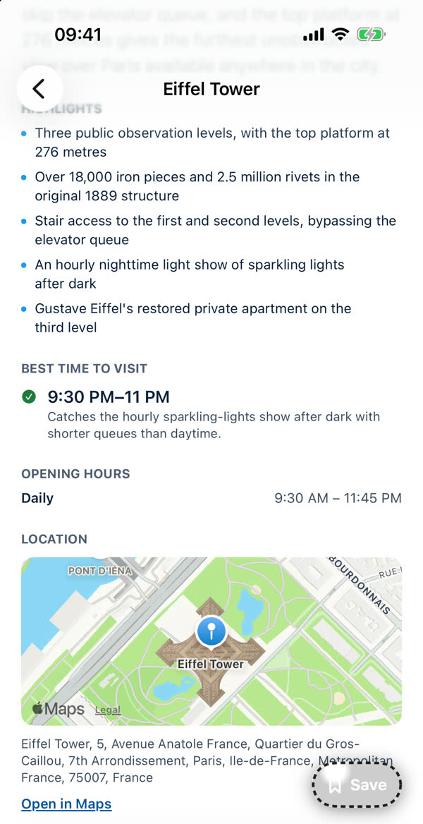 A place page showing best time to visit, opening hours, a map, and the Save button