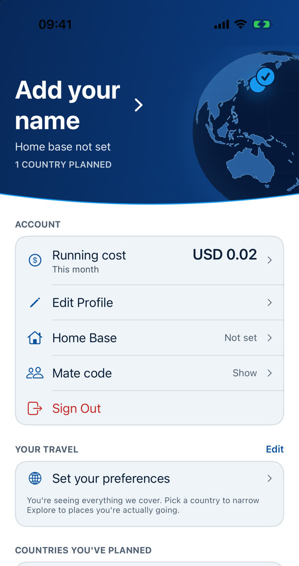 Top of Profile: a hero, then the Account section with Running cost, Edit Profile, Home Base, Mate code and Sign Out, then Your travel