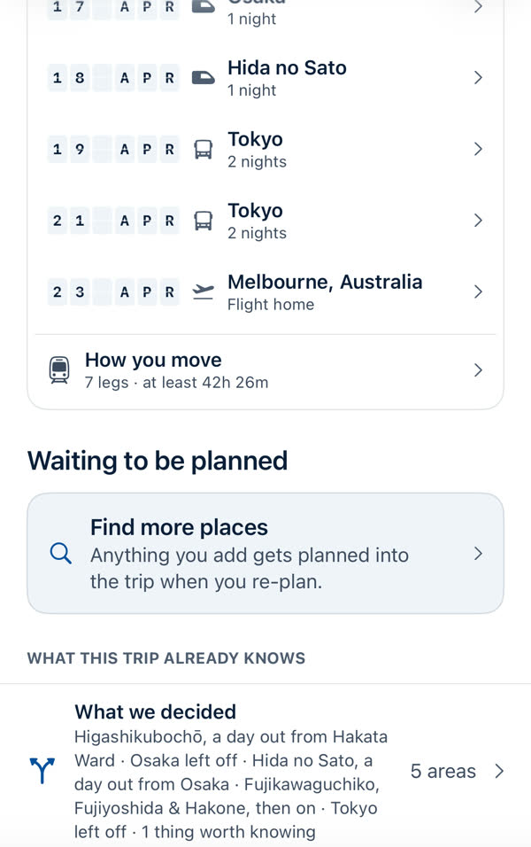Lower trip screen: the Departures board, How you move, Waiting to be planned and What this trip already knows