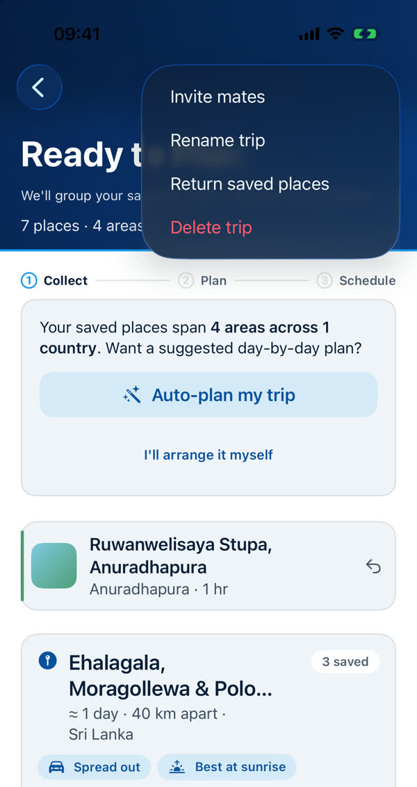 The trip menu of a draft trip, listing Invite mates, Rename trip, Return saved places and Delete trip