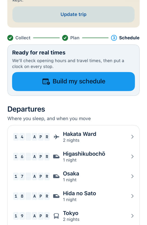 The step rail Collect, Plan, Schedule with Schedule current, and a card reading Ready for real times with a Build my schedule button