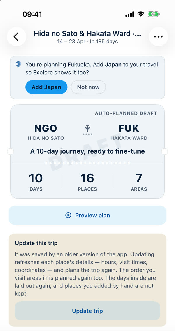 Top of a trip: the ticket reading Auto-planned draft, NGO to FUK, 10 days 16 places 7 areas, then Preview plan