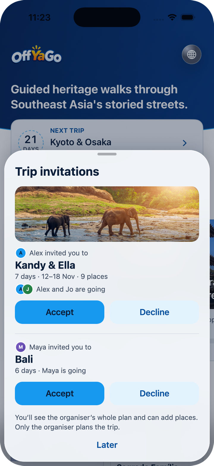 OffYaGo Trip invitations sheet: Alex invited you to Kandy and Ella, with Accept and Decline buttons.