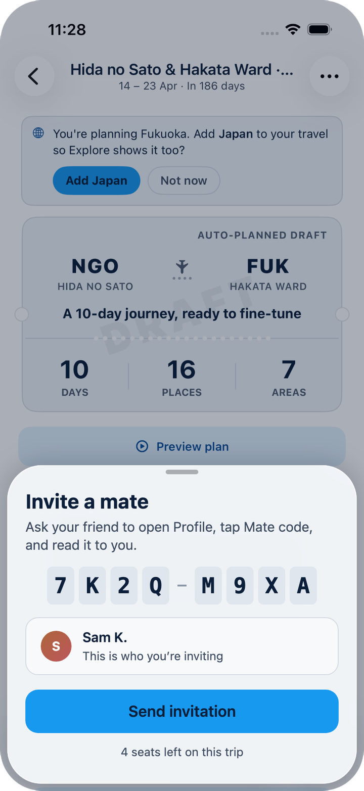 OffYaGo Invite a mate sheet: a mate code, the name of the person being invited and a Send invitation button.